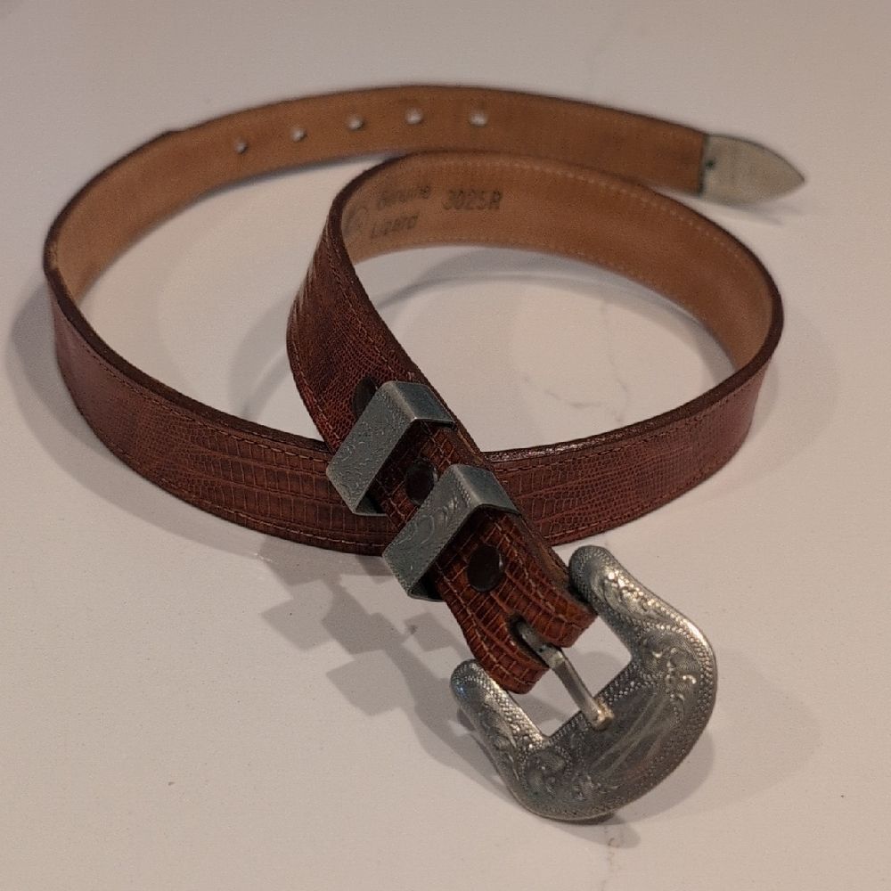Justin Genuine Lizard Brown Belt With Hand Engraved Silver Buckle & Tip Size 28